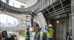 Al Jilani GRC installation team fitting GRG panels to a metal framing system on site