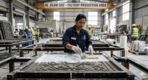 Al Jilani GRC's factory showing the GRG panel production process