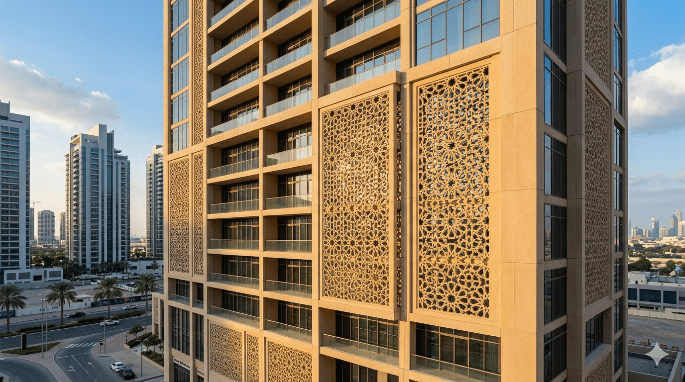 GRC cladding Dubai - lightweight concrete facade on a high-rise building