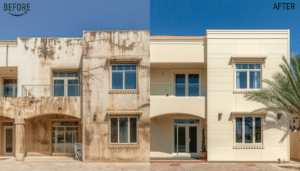GRC cladding before and after Dubai villa facade renovation - lightweight concrete cladding UAE