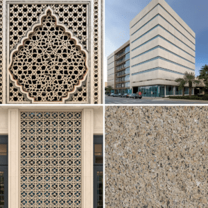 GRC cladding design options Dubai - Islamic geometric, contemporary, mashrabiya, stone-effect panels.