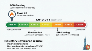 GRC cladding fire rating Dubai - Class A1 EN 13501-1 fire classification compliance UAE.