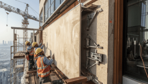 GRC cladding installation Dubai - GRC panel being fixed to high-rise building facade UAE