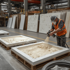 GRC cladding panel manufacturing process in Dubai - spray-up method in GRC factory UAE