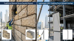 GRC cladding vs natural stone facade Dubai