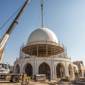 GRC dome installation process Dubai - crane lifting dome segment onto mosque drum wall.