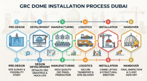 GRC dome installation process Dubai - six-phase project timeline from site survey to handover.
