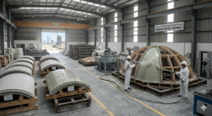 GRC dome manufacturing process Dubai - spray GRC applied to dome molds in factory
