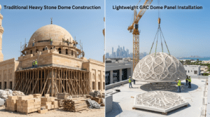 GRC dome panel installation Dubai - lightweight prefabricated panels being lifted on site