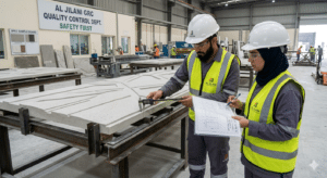 GRC panel quality control inspection at Al Jilani GRC manufacturing facility, Al Sajja Sharjah