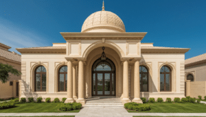 GRC villa dome installation Dubai - completed entrance portico dome in residential villa community.