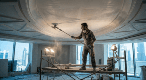 GRG ceiling finishing process - skim coat application and sanding Dubai