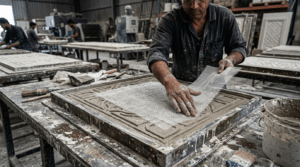 GRG ceiling panel casting process - glass fiber reinforcement layers Dubai