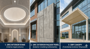 GRG interior dome (interior), a GRC exterior façade panel (exterior), and a GRP canopy or dome (functional exterior)