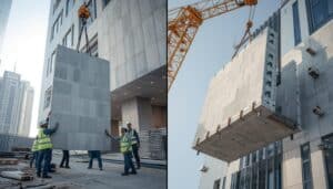 Lightweight GRC cladding panel installation on a Dubai high-rise - no heavy crane required