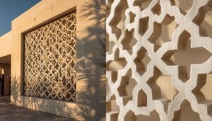 GRC Jali screen with Islamic geometric pattern casting shadow on Dubai building facade