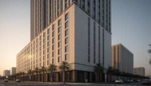 Completed GRC facade cladding system on a Dubai commercial building - Al Jilani GRC project