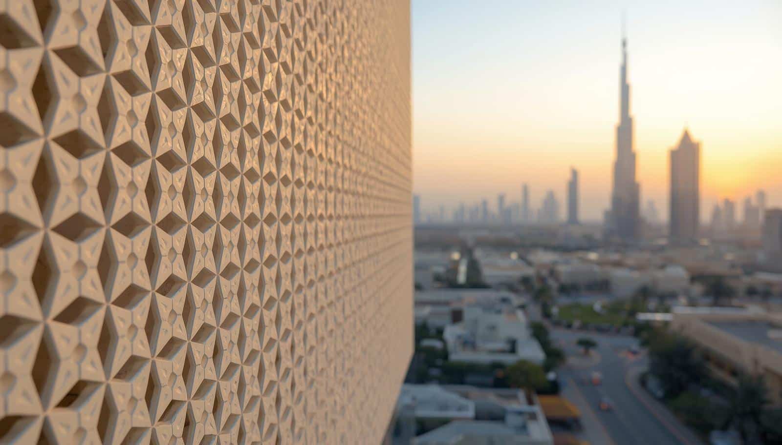 GRC cladding panel on a modern Dubai building facade - Al Jilani GRC