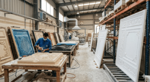 molds in various stages of production alongside the finished GRG panels they produced