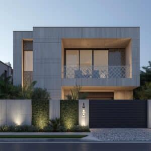 A high-quality render or photo of a luxury GRC villa facade