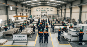 the Al Jilani GRC team in their facility, or an aerial-style overview of the production floor