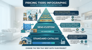 the three price tiers (Standard Catalog Semi-Custom Fully Bespoke) as a pyramid or tiered bar graphic