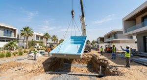 Crane installing fiberglass pool shell for Dubai villa contractor
