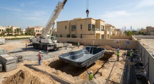 Crane lowering a GRP swimming pool shell into a Dubai villa excavation site