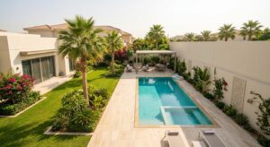 Fiberglass pool contractors near me family pool size Dubai villa