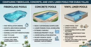 Fiberglass vs concrete vs vinyl pool comparison Dubai villas