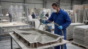 GRC manufacturing process using spray-up technique with AR glass fibre in a Dubai factory