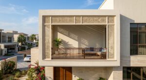 GRC mashrabiya screen installed on a Dubai villa illustrating architectural GRC application
