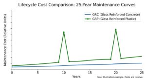 GRC vs GRP 25-year lifecycle cost comparison chart for Dubai façade specification