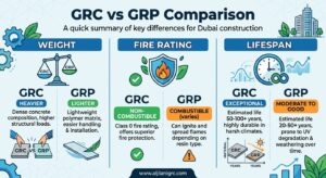 GRC vs GRP infographic comparing weight, fire rating, and lifespan for Dubai construction