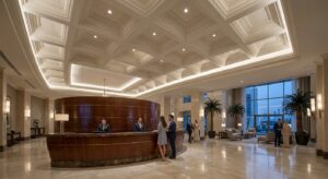 GRG ceiling and reception counter Dubai hotel lobby