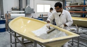 GRP hand lay-up fabrication process showing fibreglass lamination in a Dubai workshop