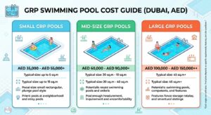 Infographic showing GRP swimming pool cost ranges in Dubai by size and type