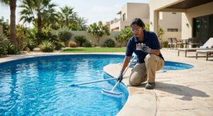 Pool technician performing maintenance on a GRP swimming pool in Dubai