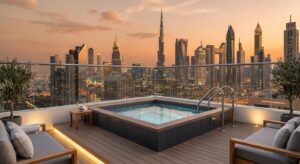 Rooftop GRP swimming pool installation overlooking the Dubai skyline