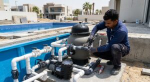 Technician installing filtration equipment for a GRP swimming pool in Dubai