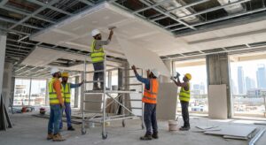 Al Jilani GRC installation team finishing a gypsum board ceiling at a Dubai project site