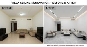 Before and after villa ceiling renovation in Dubai showing a new modern gypsum false ceiling with linear lighting