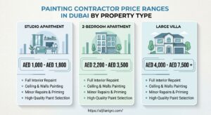 Chart of painting contractor prices in Dubai by property type, from studio to large villa