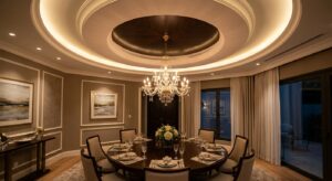 Circular curved false ceiling above a villa dining table with a central chandelier