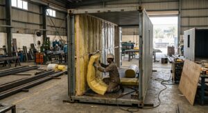 Container home shell being fabricated and insulated in a Sharjah industrial workshop