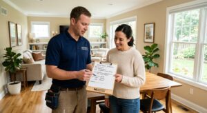 Contractor reviewing a written quote with a homeowner to explain painting contractor prices in Dubai