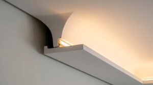 Cove lighting detail in a false ceiling design showing warm LED strip and shadow gap