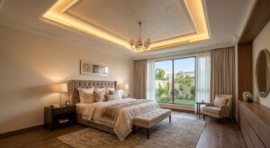 Cove-lit tray ceiling, one of the most popular false ceiling designs for villa bedrooms in Dubai