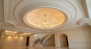 Decorative ceiling dome and medallion paired with GRG cornices in a luxury villa foyer