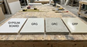 False ceiling designs material samples showing gypsum board, GRG, GRC and GRP panels side by side